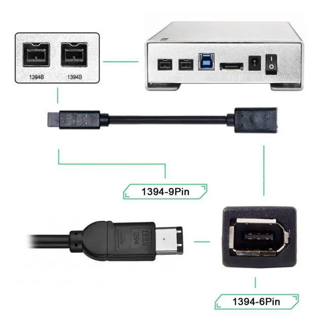 Alt view image 3 of 7 - JSER IEEE 1394 6Pin Female to 1394b 9Pin Male Firewire 400 to 800 Cable 20cm Firewire 800 400 Cable 6 Feet 9 Pin to 6 Pin