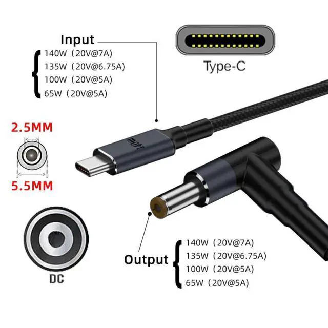 Alt view image 2 of 7 - USB C to DC 5.5x2.5mm 20V Power 65W 100W 135W 140W PD Charge Cable for Laptop