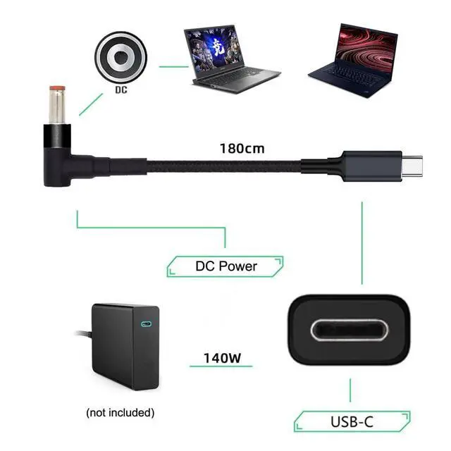 Alt view image 5 of 7 - USB C to DC 5.5x2.5mm 20V Power 65W 100W 135W 140W PD Charge Cable for Laptop