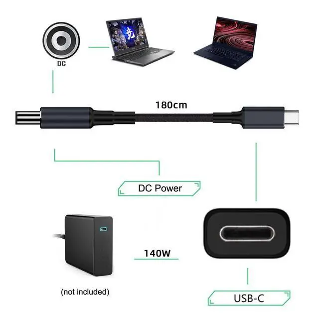 Alt view image 5 of 7 - USB C to DC 5.5x2.1mm 20V Power 65W 100W 135W 140W PD Charge Cable for Laptop