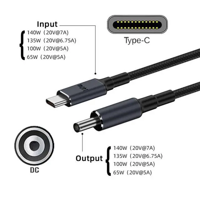 Alt view image 2 of 7 - USB C to DC 5.5x2.1mm 20V Power 65W 100W 135W 140W PD Charge Cable for Laptop