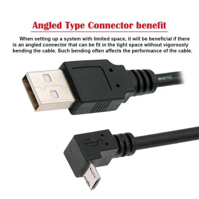 Alt view image 6 of 7 - USB to Micro USB Cable,USB 2.0 Male to Micro USB 5Pin Male Charge Data Transfer 90 Degree Down Angled Extension Cable 0.32FT/0.1M