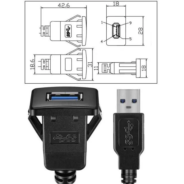 Alt view image 2 of 7 - USB 3.0 Flush Mount Male to Female Extension Cable for Car Dashboard Panel Mount 1.0M