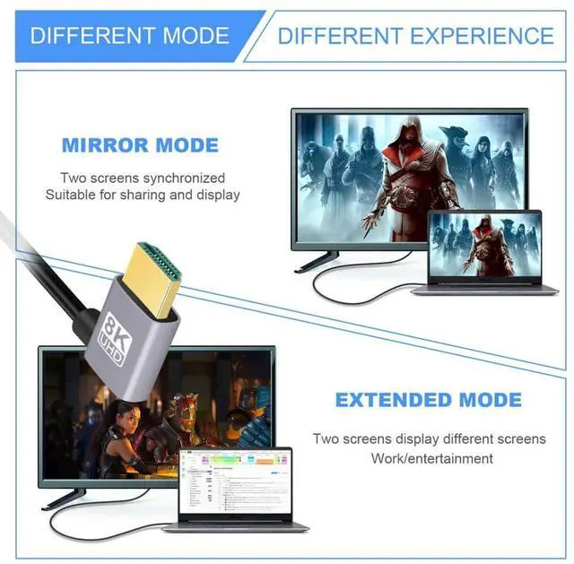Alt view image 3 of 7 - HDMI 2.1 Cable,HDMI Male to Male Dual 90 Degree Left Angled 8K@60Hz 4K@120Hz 48Gbps Ultra High-Speed Gold-Plated Cable 0.5M for TV, Monitor, Computer