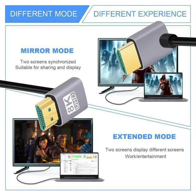 Alt view image 3 of 7 - HDMI 2.1 Cable,HDMI Male to Male Dual 90 Degree UP Angled 8K@60Hz 4K@120Hz 48Gbps Ultra High-Speed Gold-Plated Cable 0.5M for TV, Monitor, Computer