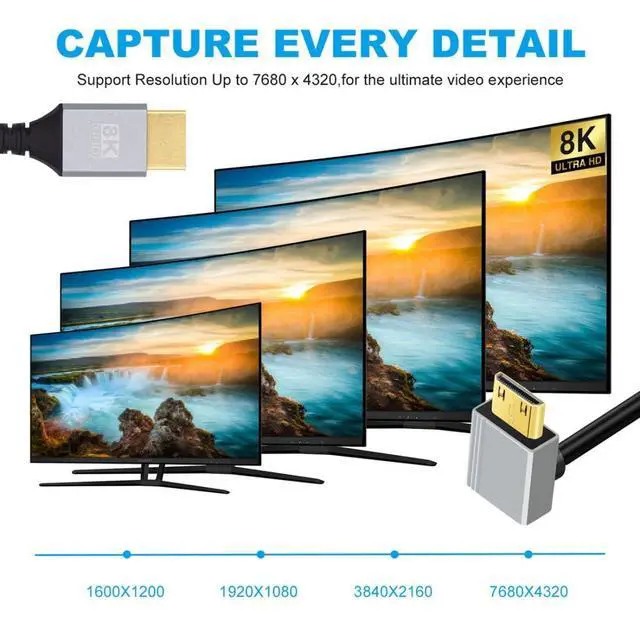 Alt view image 3 of 7 - HDMI 2.1 Cable,HDMI Male to Mini HDMI Male 90 Degree UP Angled 8K@60Hz 4K@120Hz 48Gbps Ultra High-Speed Gold-Plated Cable 1.64FT/0.5M for TV, Monitor, Computer