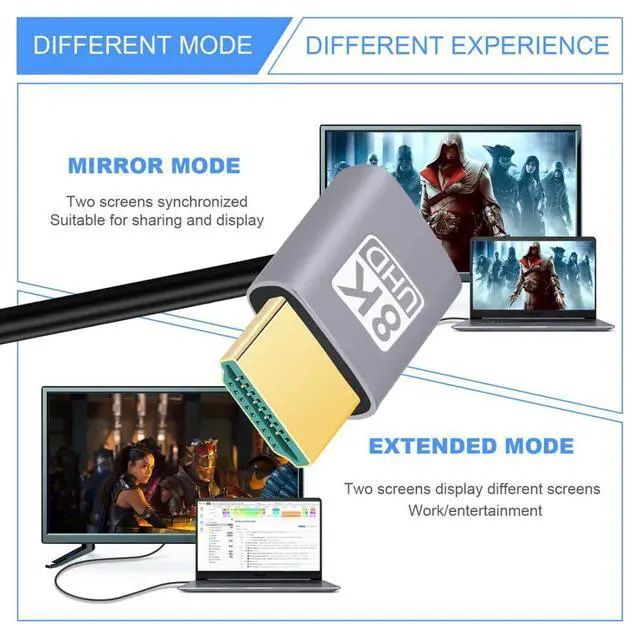 Alt view image 4 of 7 - HDMI 2.1 Cable,HDMI Male to Male Dual 90 Degree Down Angled 8K@60Hz 4K@120Hz 48Gbps Ultra High-Speed Gold-Plated Cable 0.5M for TV, Monitor, Computer
