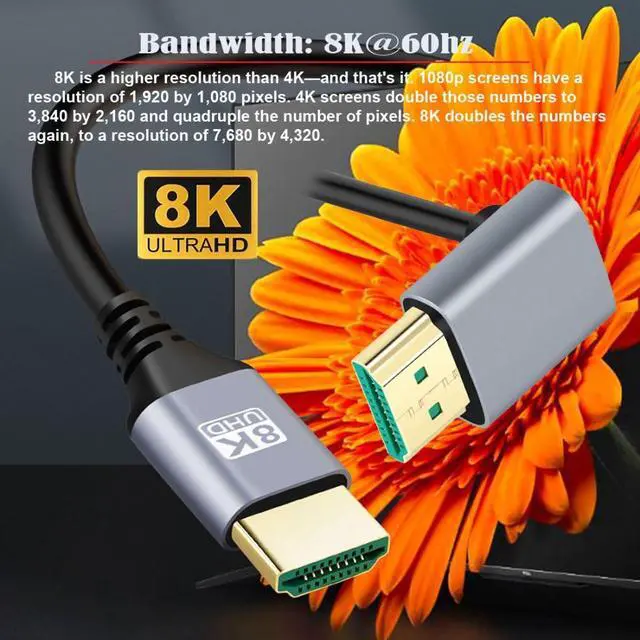 Alt view image 2 of 7 - HDMI 2.1 Cable,HDMI Male to Male 90 Degree UP Angled 8K@60Hz 4K@120Hz 48Gbps Ultra High-Speed Gold-Plated Cable 1.0M for TV, Monitor, Computer
