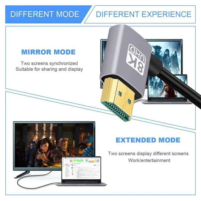 Alt view image 3 of 7 - HDMI 2.1 Cable,HDMI Male to Male Dual 90 Degree Right Angled 8K@60Hz 4K@120Hz 48Gbps Ultra High-Speed Gold-Plated Cable 0.5M for TV, Monitor, Computer