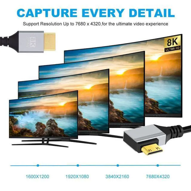 Alt view image 3 of 7 - HDMI 2.1 Cable,HDMI Male to Mini HDMI Male 90 Degree Right Angled 8K@60Hz 4K@120Hz 48Gbps Ultra High-Speed Gold-Plated Cable 1.64FT/0.5M for TV, Monitor, Computer