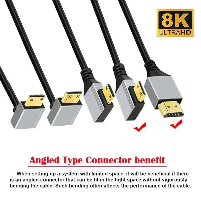 Alt view image 5 of 7 - HDMI 2.1 Cable,HDMI Male to Mini HDMI Male 90 Degree Right Angled 8K@60Hz 4K@120Hz 48Gbps Ultra High-Speed Gold-Plated Cable 1.64FT/0.5M for TV, Monitor, Computer