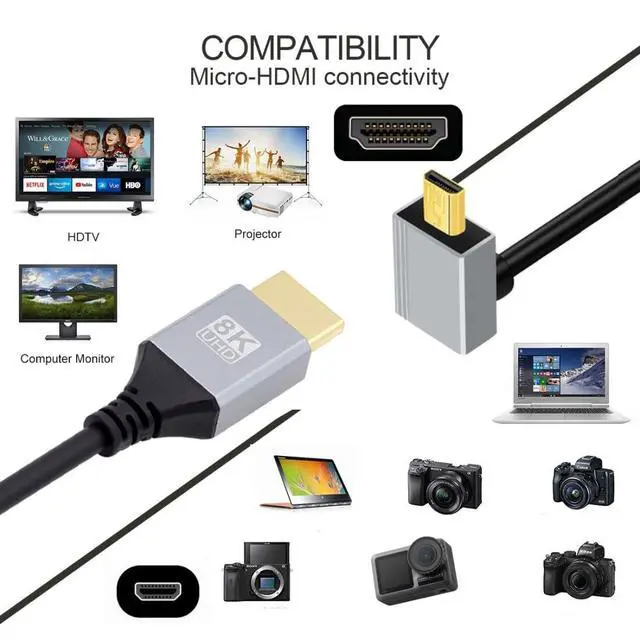 Alt view image 2 of 7 - HDMI 2.1 Cable,HDMI Male to Micro HDMI Male 90 Degree UP Angled 8K@60Hz 4K@120Hz 48Gbps Ultra High-Speed Gold-Plated Cable 1.64FT/0.5M for TV, Monitor, Computer