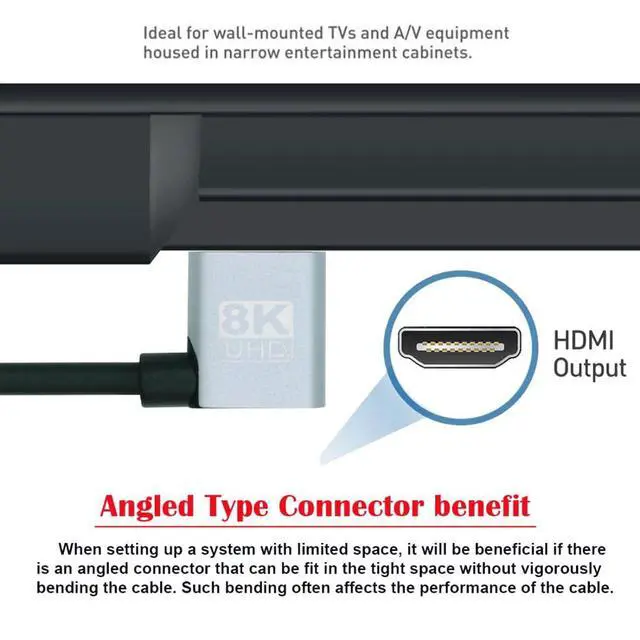 Alt view image 3 of 7 - HDMI 2.1 Cable,HDMI Male to Male 90 Degree Left Angled 8K@60Hz 4K@120Hz 48Gbps Ultra High-Speed Gold-Plated Cable 0.5M for TV, Monitor, Computer