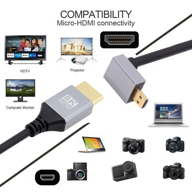 Alt view image 2 of 7 - HDMI 2.1 Cable,HDMI Male to Micro HDMI Male 90 Degree Down Angled 8K@60Hz 4K@120Hz 48Gbps Ultra High-Speed Gold-Plated Cable 1.64FT/0.5M for TV, Monitor, Computer