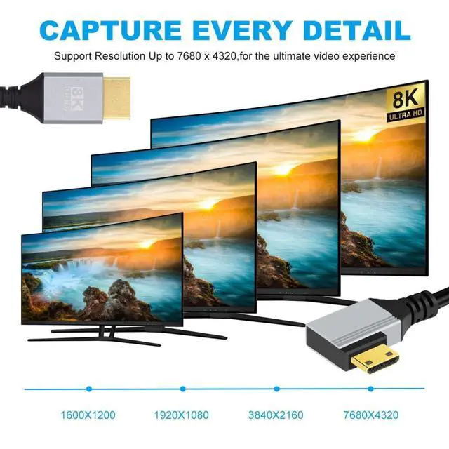 Alt view image 3 of 7 - HDMI 2.1 Cable,HDMI Male to Mini HDMI Male 90 Degree Left Angled 8K@60Hz 4K@120Hz 48Gbps Ultra High-Speed Gold-Plated Cable 1.64FT/0.5M for TV, Monitor, Computer
