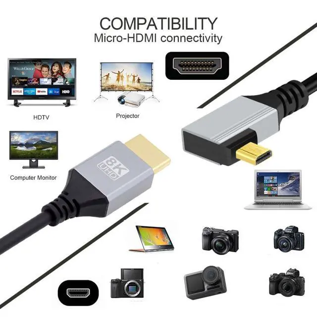 Alt view image 2 of 7 - HDMI 2.1 Cable,HDMI Male to Micro HDMI Male 90 Degree Right Angled 8K@60Hz 4K@120Hz 48Gbps Ultra High-Speed Gold-Plated Cable 1.64FT/0.5M for TV, Monitor, Computer