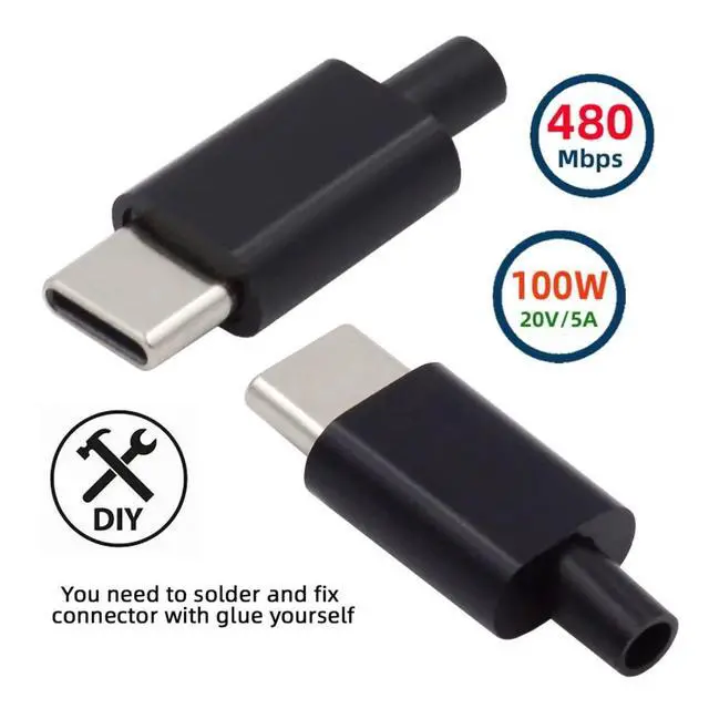 Alt view image 2 of 7 - 2 Pack USB C DIY Connector USB 3.1 Type C 24Pin PD100W Male Plug Port Repair Replacement Solder Adapter with PCB Board Black Housing