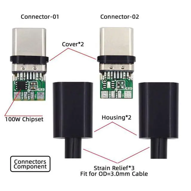 Alt view image 3 of 7 - 2 Pack USB C DIY Connector USB 3.1 Type C 24Pin PD100W Male Plug Port Repair Replacement Solder Adapter with PCB Board Black Housing