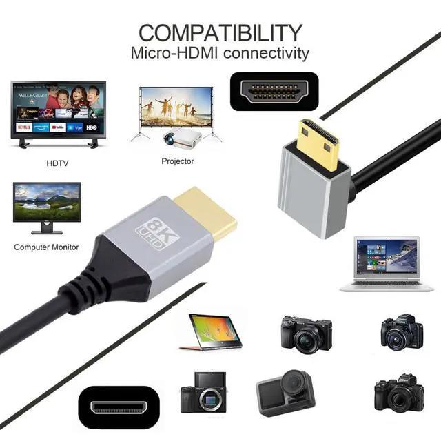 Alt view image 2 of 7 - HDMI 2.1 Cable,HDMI Male to Mini HDMI Male 90 Degree Down Angled 8K@60Hz 4K@120Hz 48Gbps Ultra High-Speed Gold-Plated Cable 1.64FT/0.5M for TV, Monitor, Computer
