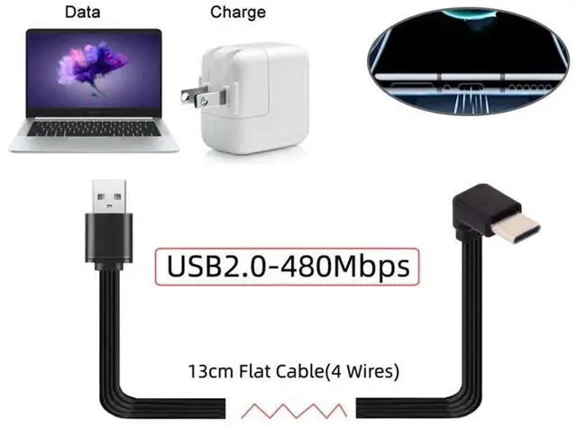 Alt view image 2 of 7 - USB C Short Flat Cable, USB 2.0 Type A Male to USB C Male 90 Degree UP Angled 4 Wires 5V 2A Charge Data Extension Silicone Cable 4 Wires 30AWG 13cm