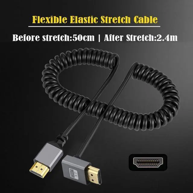 Alt view image 2 of 7 - HDMI Stretch Coiled Cable HDMI 1.4 Type A Male to Male 4K 60hz 90 Degree UP Angled Extension Cable