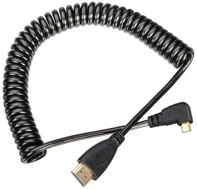 Main image of Stretch Spring Micro HDMI to HDMI Male HDTV Cable for Cell Phone & Tablet & Camera Left & Right Angled 90 Degree Straight Black (Left Angled, Black)