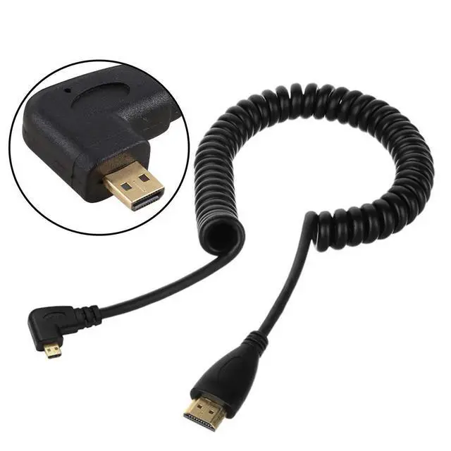 Alt view image 5 of 6 - Stretch Spring Micro HDMI to HDMI Male HDTV Cable for Cell Phone & Tablet & Camera Left & Right Angled 90 Degree Straight Black (Left Angled, Black)