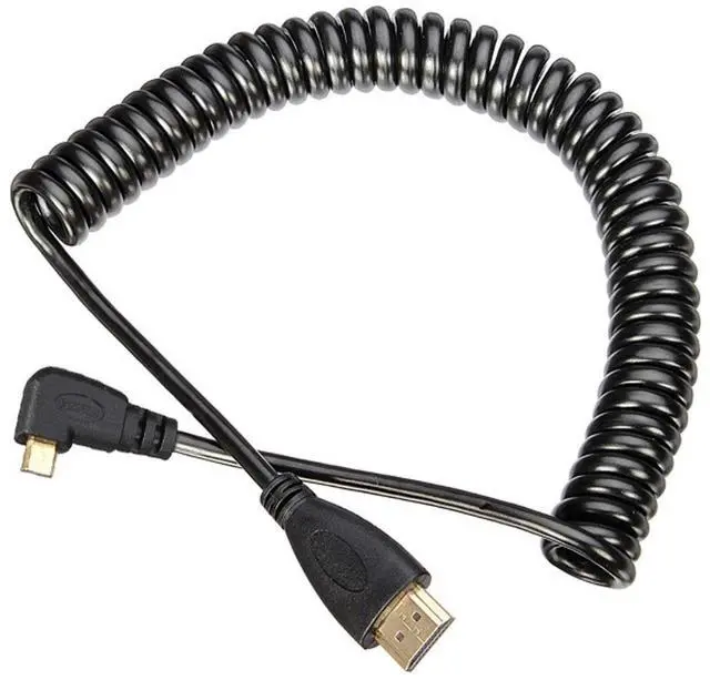 Main image of Stretch Spring Micro HDMI to HDMI Male HDTV Cable for Cell Phone & Tablet & Camera Left & Right Angled 90 Degree Straight Black (Right Angled, Black)