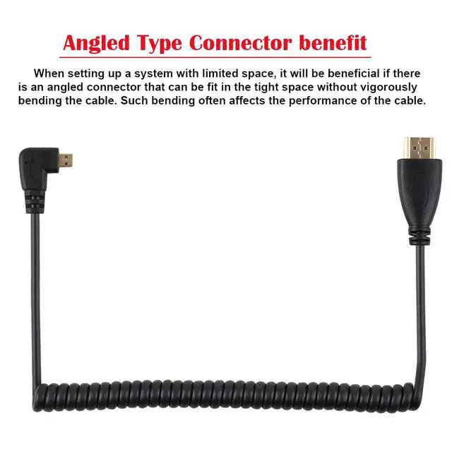 Alt view image 4 of 7 - Stretch Spring Micro HDMI to HDMI Male HDTV Cable for Cell Phone & Tablet & Camera Left & Right Angled 90 Degree Straight Black (Right Angled, Black)