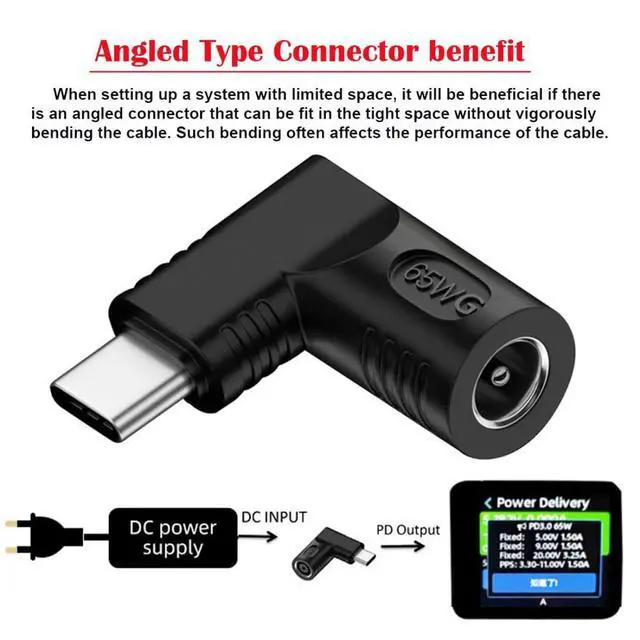 Alt view image 3 of 6 - USB C to DC 5.5x2.1mm Power Plug Charge Adapter for Laptop Phone 90 Degree Angled Connector