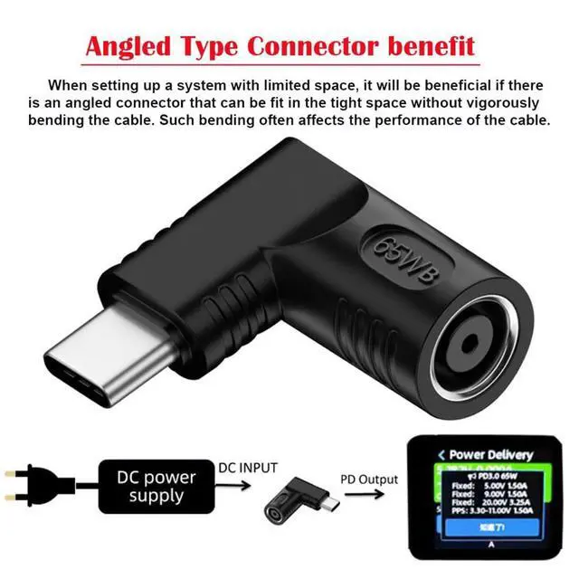 Alt view image 3 of 6 - USB C 65W Connector,DC Jack 7.4x5.0mm Input to USB Type C 90 Degree Angled Power Plug Charge Adapter for Laptop Phone