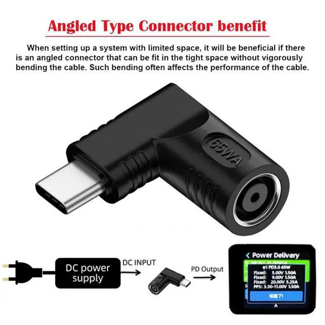Alt view image 3 of 6 - USB C 65W Connector,DC Jack 7.9x5.4mm Input to USB Type C 90 Degree Angled Power Plug Charge Adapter for Laptop Phone
