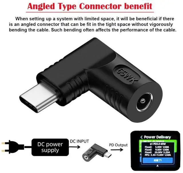 Alt view image 3 of 6 - USB C 65W Connector,DC Jack 4.0x1.7mm Input to USB Type C 90 Degree Angled Power Plug Charge Adapter for Laptop Phone