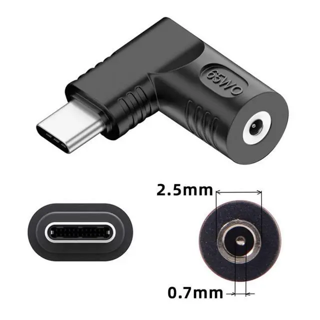 Alt view image 2 of 6 - USB C 65W Connector,DC Jack 2.5x0.7mm Input to USB Type C 90 Degree Angled Power Plug Charge Adapter for Laptop Phone