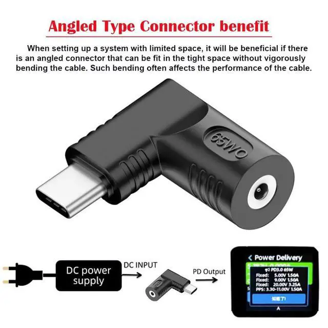 Alt view image 3 of 6 - USB C 65W Connector,DC Jack 2.5x0.7mm Input to USB Type C 90 Degree Angled Power Plug Charge Adapter for Laptop Phone