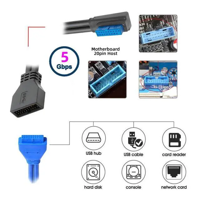 Alt view image 2 of 7 - 9.45Inch USB 3.0 Front Panel Header 19/20Pin Male to Female Mainboard Header Port 90 Degree Left Angled Extension Cable Adapter