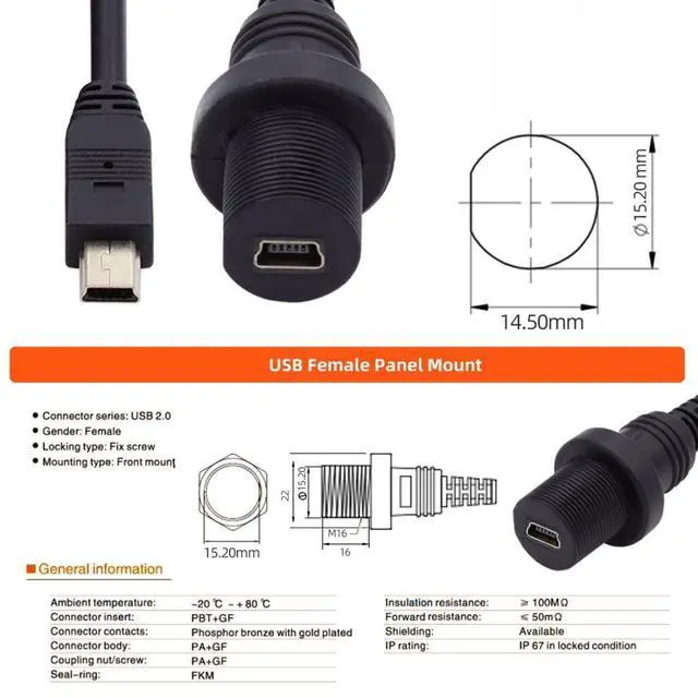Alt view image 5 of 7 - Mini USB 5Pin Flush Mount Male to Female Extension Cable for Car Dashboard Panel Mount Waterproof Dustproof
