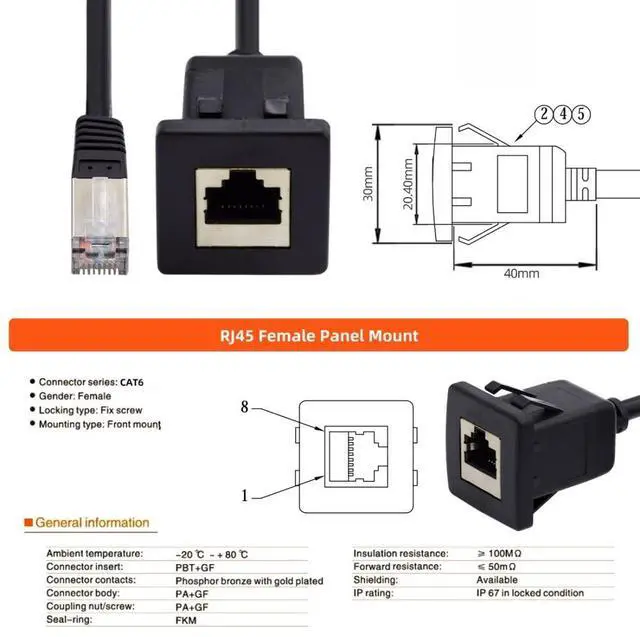 Alt view image 4 of 7 - CAT6 RJ45 Flush Mount Male to Female LAN Ethernet Network Extension Cable Waterproof Dustproof for Car Dashboard Panel Mount
