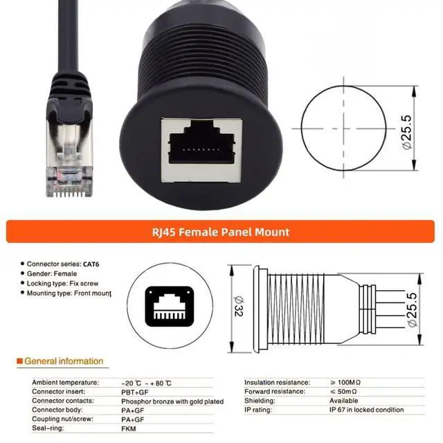 Alt view image 4 of 7 - CAT6 RJ45 Flush Mount Male to Female LAN Ethernet Network Extension Cable for Car Dashboard Panel Mount Waterproof Dustproof