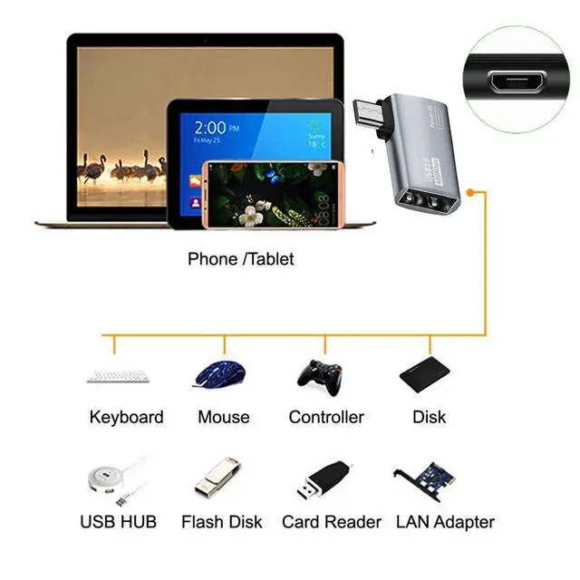Alt view image 4 of 7 - 2 in 1 Micro USB OTG Power Adapter Micro USB Male to USB 2.0 Female 90 Degree Right Angled Connector Adapter