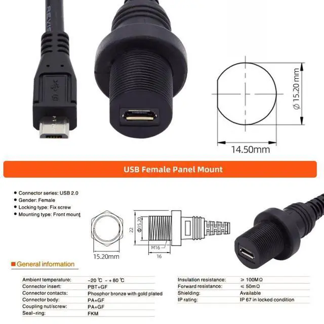 Alt view image 5 of 7 - Micro USB 5Pin Flush Mount Male to Female Extension Cable for Car Dashboard Panel Mount Waterproof Dustproof
