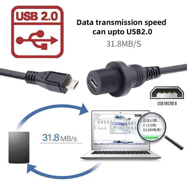 Alt view image 6 of 7 - Micro USB 5Pin Flush Mount Male to Female Extension Cable for Car Dashboard Panel Mount Waterproof Dustproof