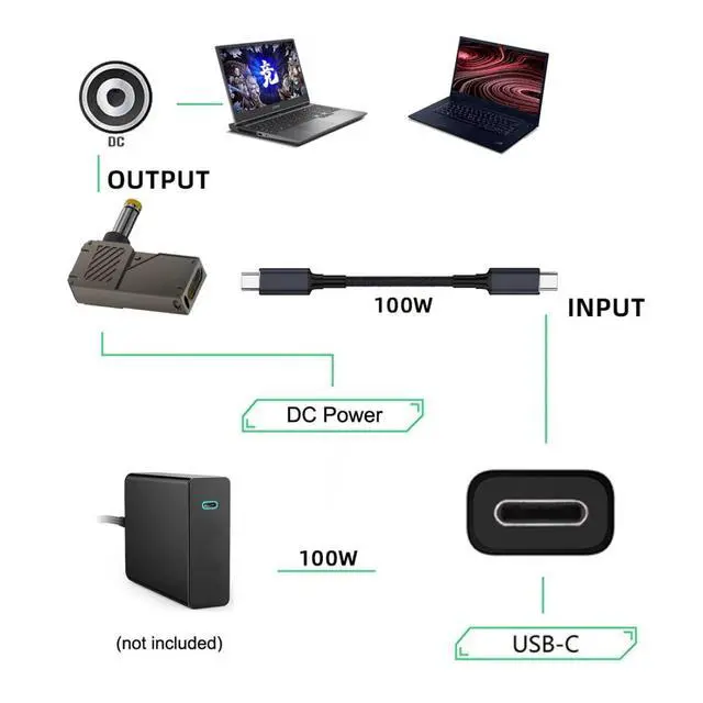 Alt view image 5 of 7 - USB C to DC Adapter,USB C Female to DC 5.5x2.5mm Barrel Jack Plug PD 100W Laptop Fast Charging Adapter with Wattage Display