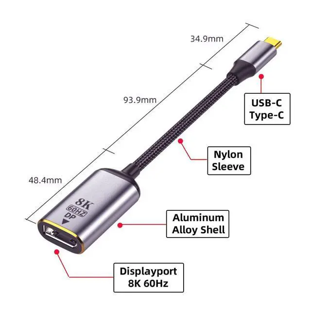 Alt view image 3 of 7 - CY USB C to Displayport Adapter,USB4 Type C Source to DP Displayport Female Cable Display 8K 60HZ UHD 4K Monitor Displays Adapter