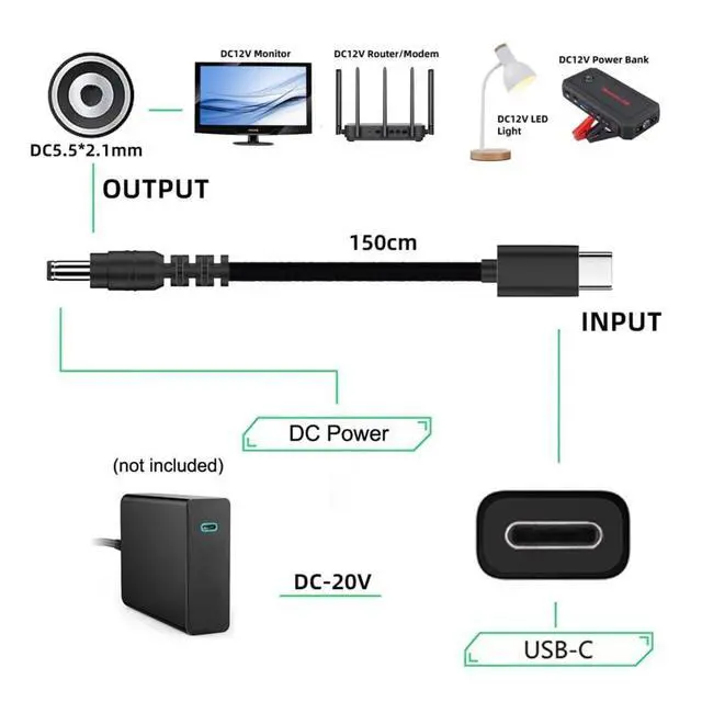 Alt view image 3 of 7 - USB C 20V to DC 12V Cable,USB C to DC 5.5x2.1MM PD65W Charging Cable for Router, Modem, Desk Lamp, Monitor 4.92FT/1.5M