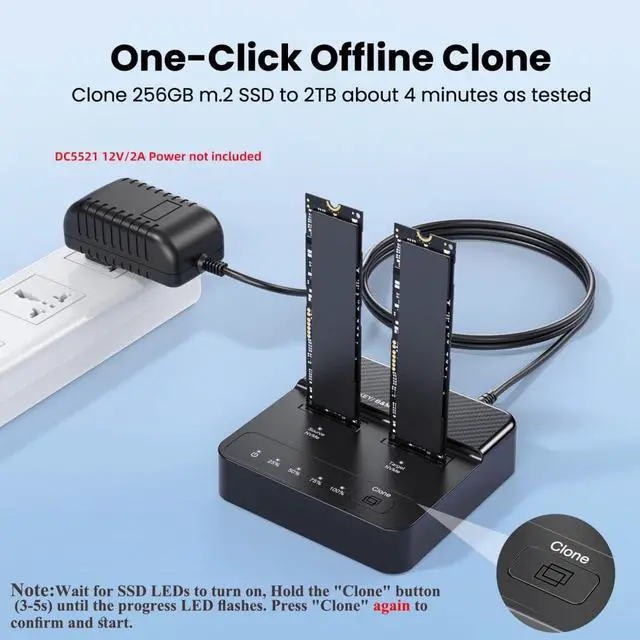 Alt view image 3 of 7 - USB 3.2 Gen 2X2 20Gbps Dual Bay M.2 NVME SSD Cloner Dock Enclosure Adapter for Clone and Read Support One Cllick Offline Clone