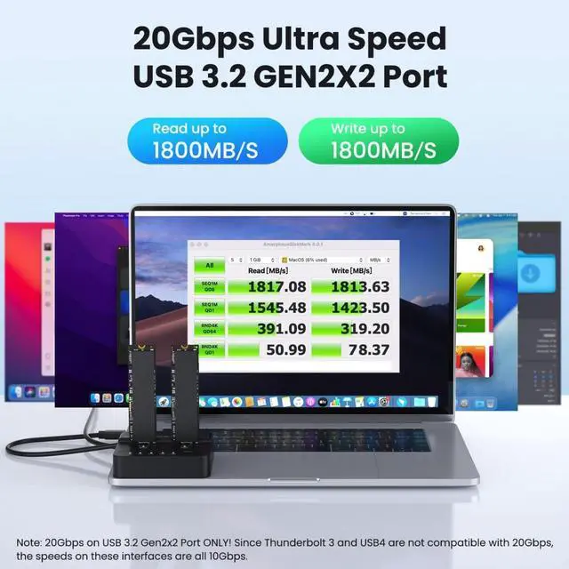 Alt view image 5 of 7 - USB 3.2 Gen 2X2 20Gbps Dual Bay M.2 NVME SSD Cloner Dock Enclosure Adapter for Clone and Read Support One Cllick Offline Clone