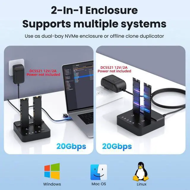 Alt view image 6 of 7 - USB 3.2 Gen 2X2 20Gbps Dual Bay M.2 NVME SSD Cloner Dock Enclosure Adapter for Clone and Read Support One Cllick Offline Clone