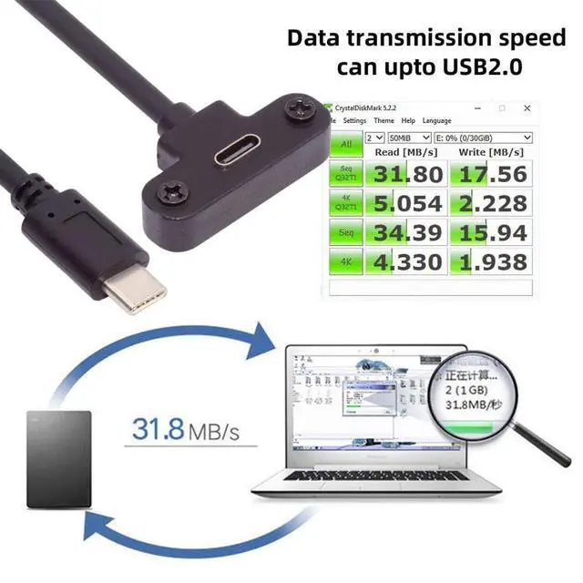 Alt view image 4 of 7 - USB C Extension Cable USB 2.0 Type C Male to Female Fast Charging Data Transfer Extension Cable with Panel Mount Screw 0.3M