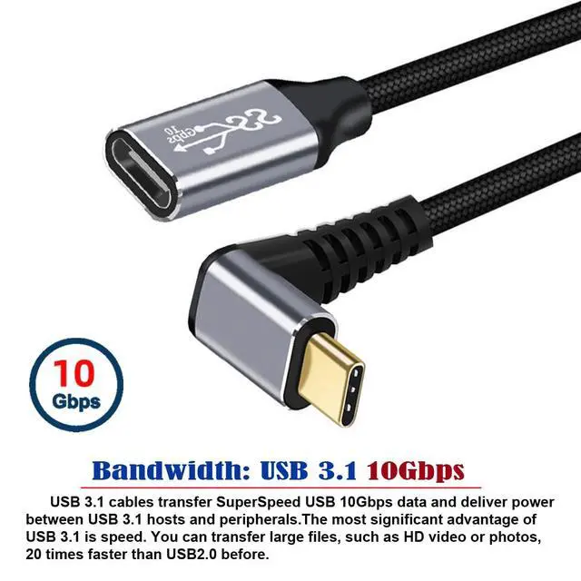 Alt view image 2 of 7 - CY USB C USB 3.1 Type C Male to Female Extension Data Cable 90 Degree Angled 10Gbps 100W 1.0M